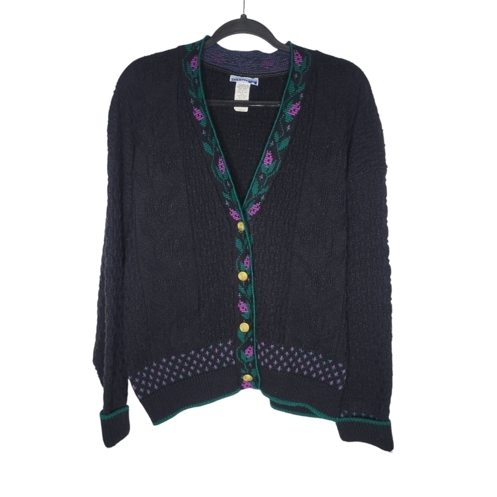 Vintage 80s Floral Flower Cardigan Sweater in Purple Black Green Size Large